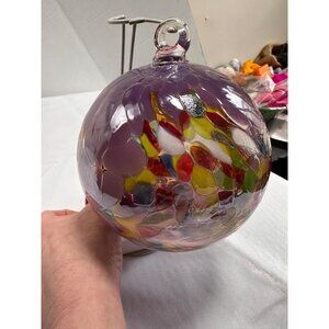 Joska purple mosaic hand blown Germany glass orb ornament Vtg with tag 14”
